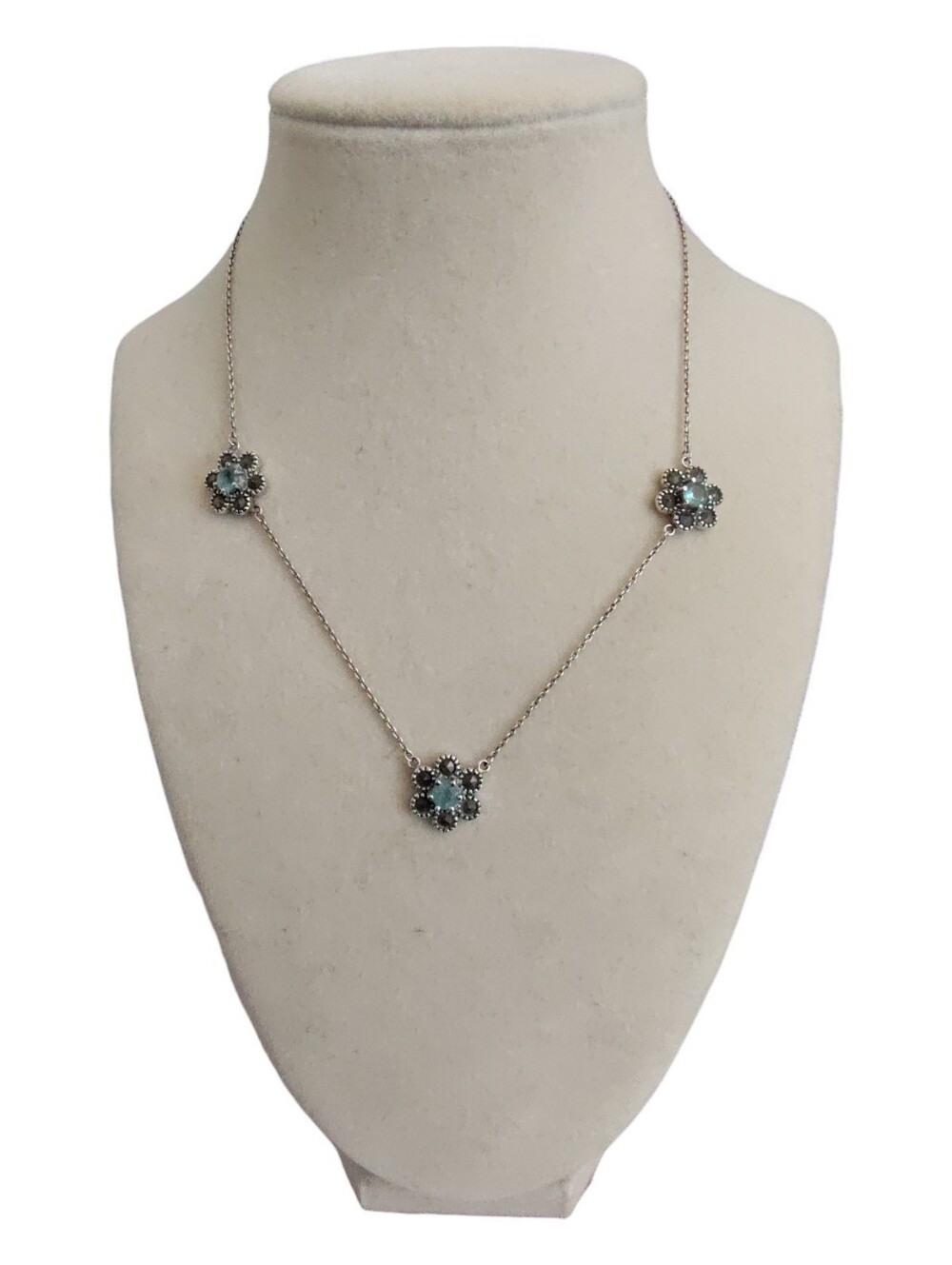 925 Sterling Silver Blue Green Floral Stone Necklace